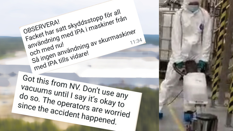 Sodexo, the cleaning contractor at Northvolt, announced a protective shutdown and issued a warning to cleaners via chat. However, several sources have told Norran that they observed cleaners working with only face masks, as seen in the picture, in areas where gas masks are mandatory.