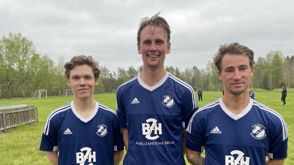HM IS målskyttar i 3-1-segern hemma mot Hultsfred. Fr.v: Kalle Hjelmland, Erik Stejdahl och Kristoffer Oskarsson.