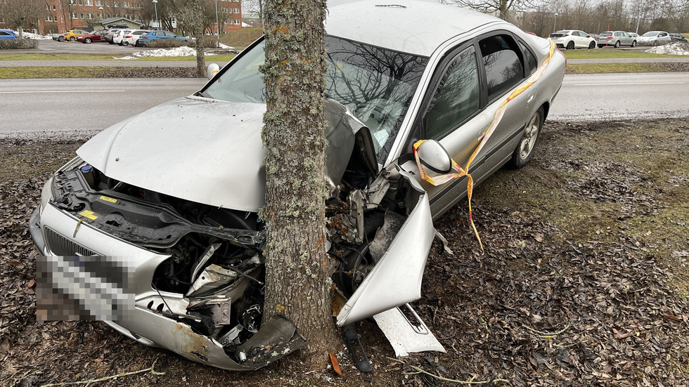 Bilen blev kraftigt demolerad efter krocken med ett träd.