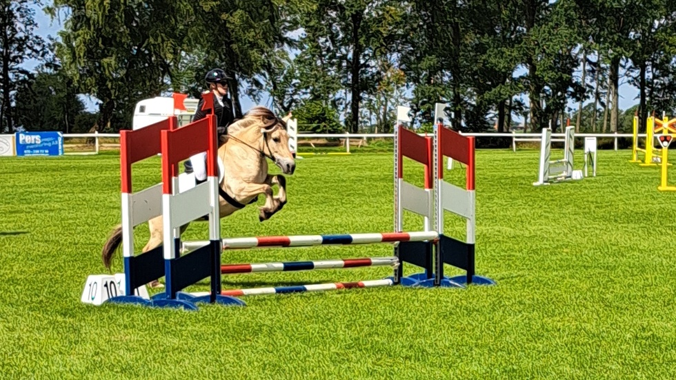 Sofie Bengtsson gjorde hoppmomentet i allround-tävlingen tillsammans med hästen Kira.