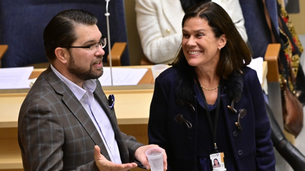 Partiledare Jimmie Åkesson (SD) i samspråk med partikamraten och riksdagsledamoten Elsa Widding.