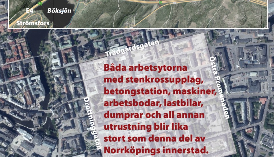 Vid Böksjöm planeras för arbetsytor för bygget av den åtta kilometer långa järnvägstunneln genom Kolmården. Området motsvarar en ytan på bilden.