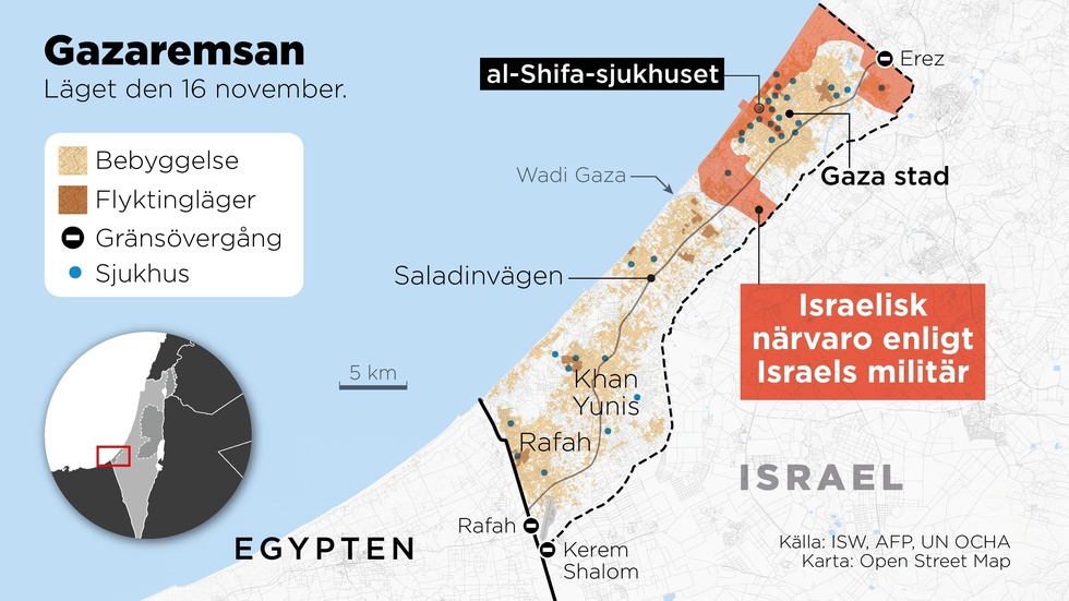 Kartan visar den omringning av Gaza stad som den israeliska militären påstår sig ha genomfört.