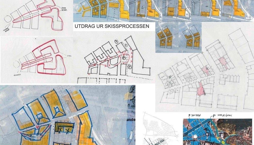 Så här har skissprocessen för handeln i nya centrum sett ut. På bilden syns några av de cirka 50 skisserna med förslag som ritats innan en slutlig version. 