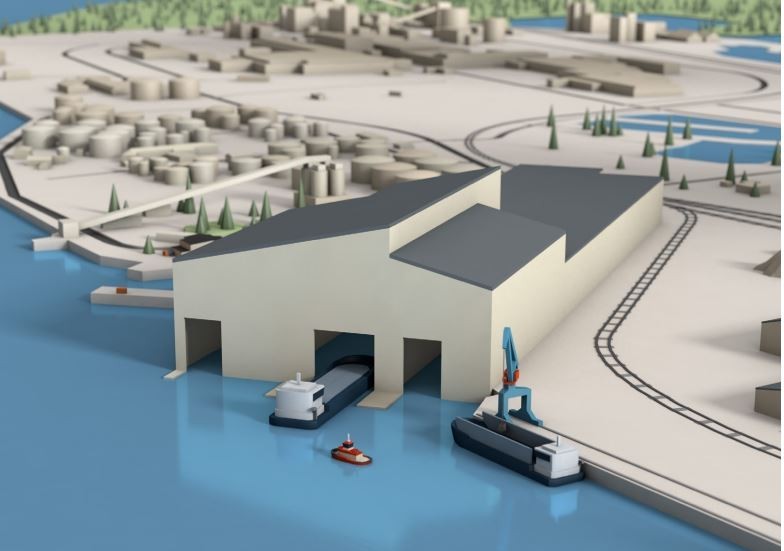 Luleå kommun och SSAB är överens om en avsiktsförklaring som gäller ny allvädersterminal och lager i Luleå hamn, väg, järnväg, VA och restenergi till fjärrvärmesystemet. Så här kan allvädersterminalen komma att se ut.