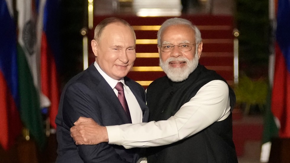 Rysslands president Vladimir Putin och Indiens premiärminister Narendra Modi under ett möte i New Delhi i december 2021.