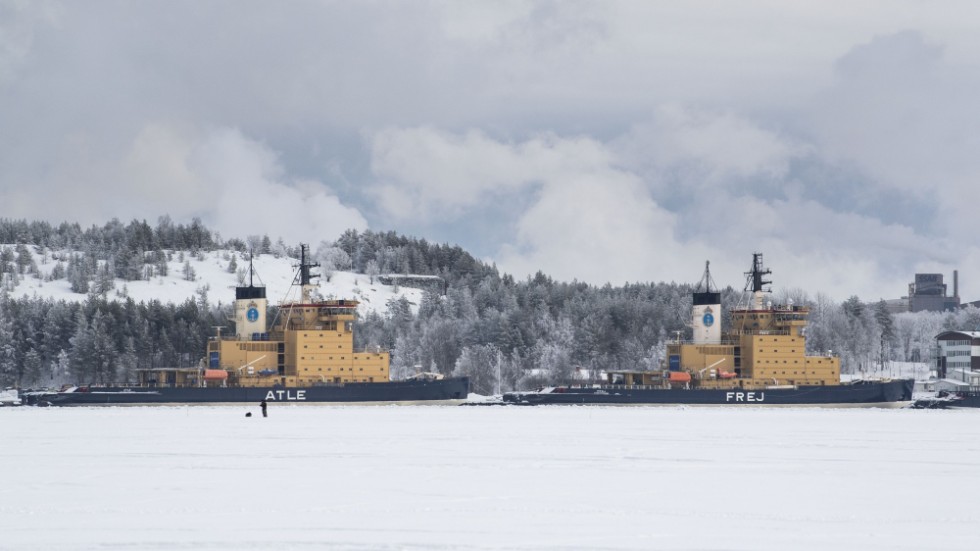 Sjöfartsverkets isbrytare Atle och Frej vid kaj i hamnen i Luleå. Arkivbild.