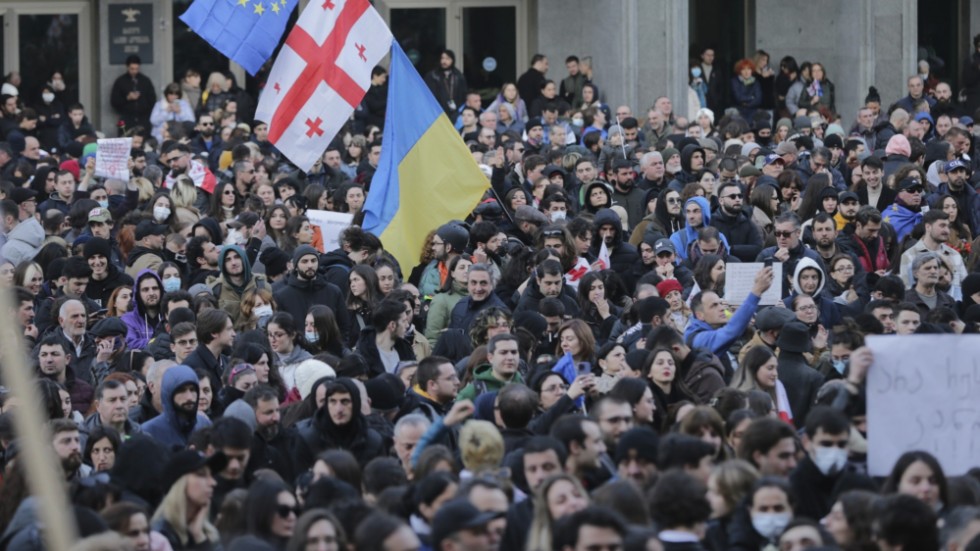 Demonstranter med Georgiens, Ukrainas och EU:s flagga i huvudstaden Tbilisi.