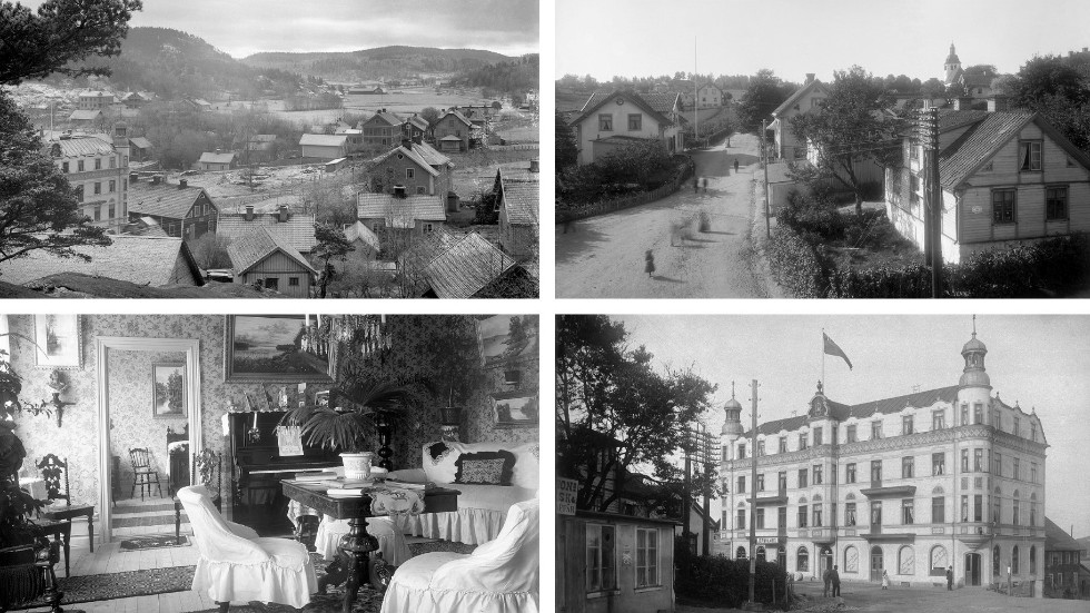 På bilden längst upp till vänster ses Centrala Kisa från Borgarberget cirka 1902. På bilden längst upp till höger ses Skvallertorget och Grönedegatan i Kisa. På bilden längst ner till vänster ses en interiör från Sveahuset (1902-1905) där Josef Ljungquist bodde med sin familj och längst ned till höger ses Sveahuset i Kisa.