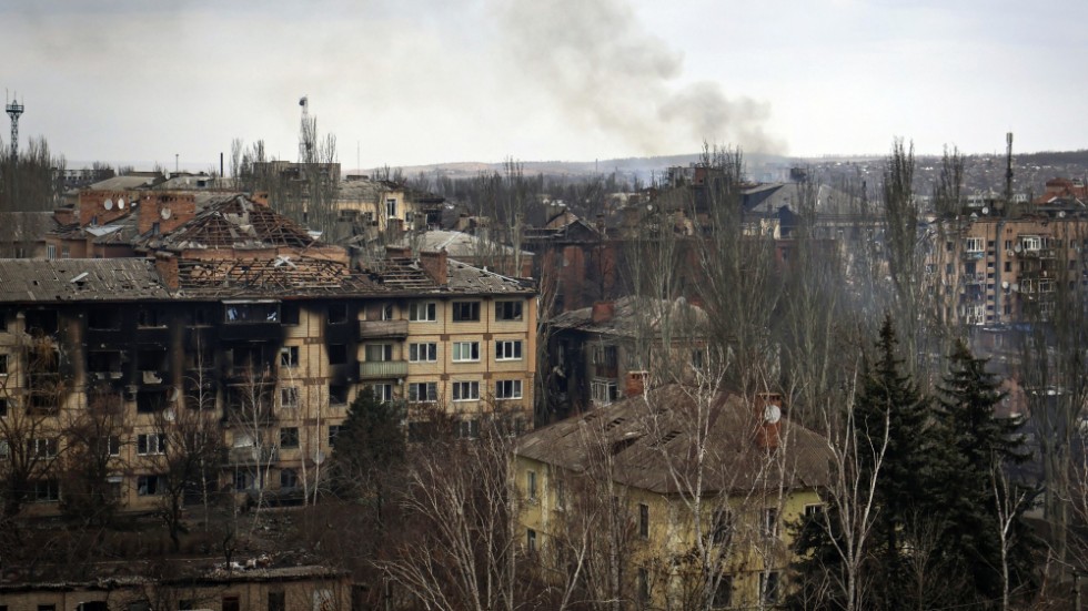 Den krigshärjade ukrainska staden Bachmut, fotograferad den 15 mars.