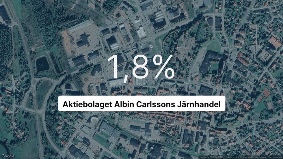 Illustrationen visar rörelsemarginalen för Albin Carlssons Järnhandel för det senaste året. Bakgrunden är en satellitbild över företagets adress.