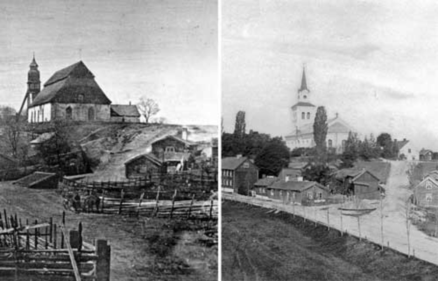 Två bilder från samma vinkel. Kyrkan och Kampbacken i Vimmerby. År 1852 och 1870. Bilderna kommer från Kalmar Läns museum som kan beskådas på museets bildbank på nätet.