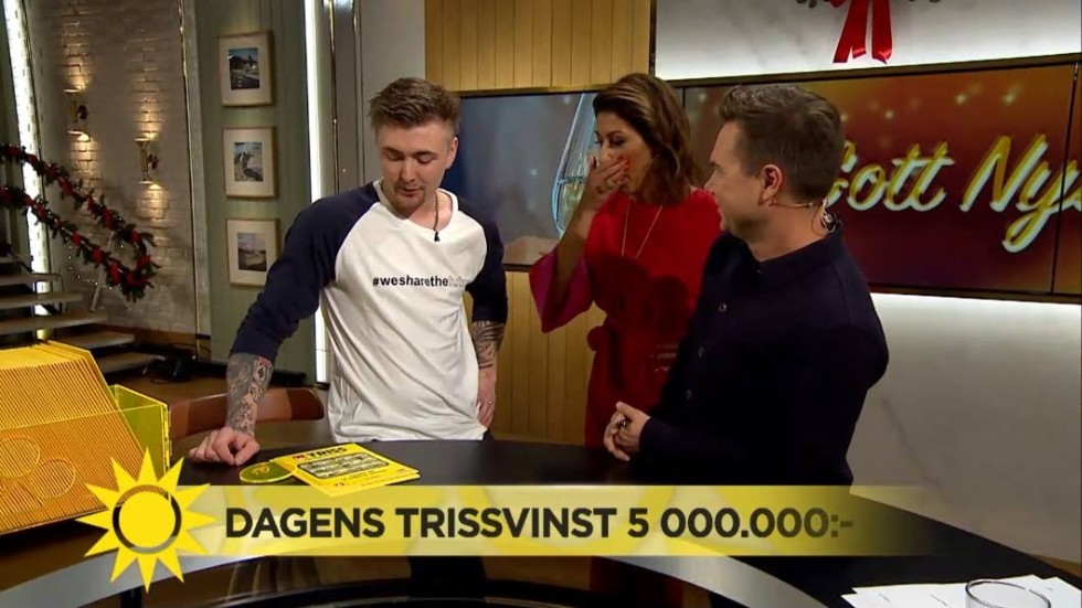 Kristian Andersson från Hult i studion i TV4:s Nyhetsmorgon med programledarna Soraya Lavasani och Anders Pihlblad.