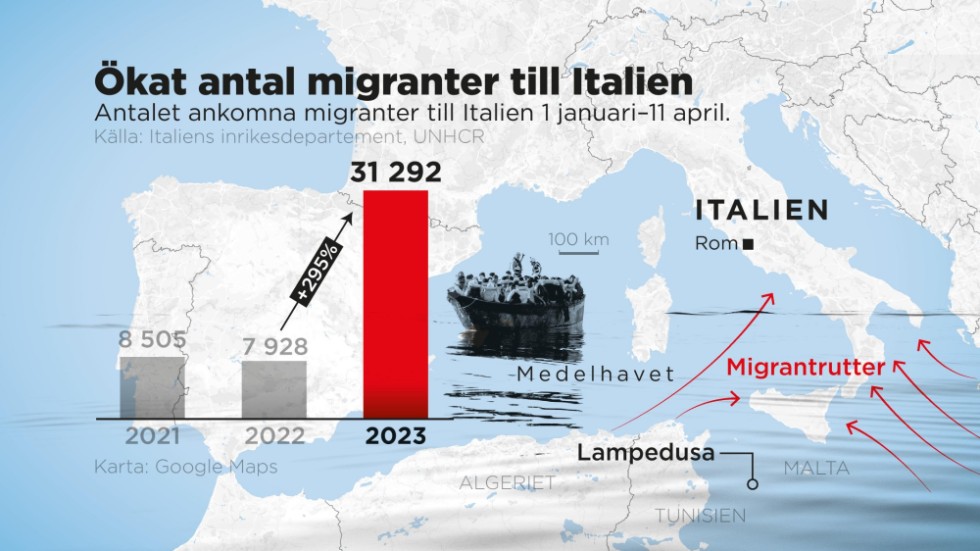 Antalet ankomna migranter till Italien 1 januari–11 april.