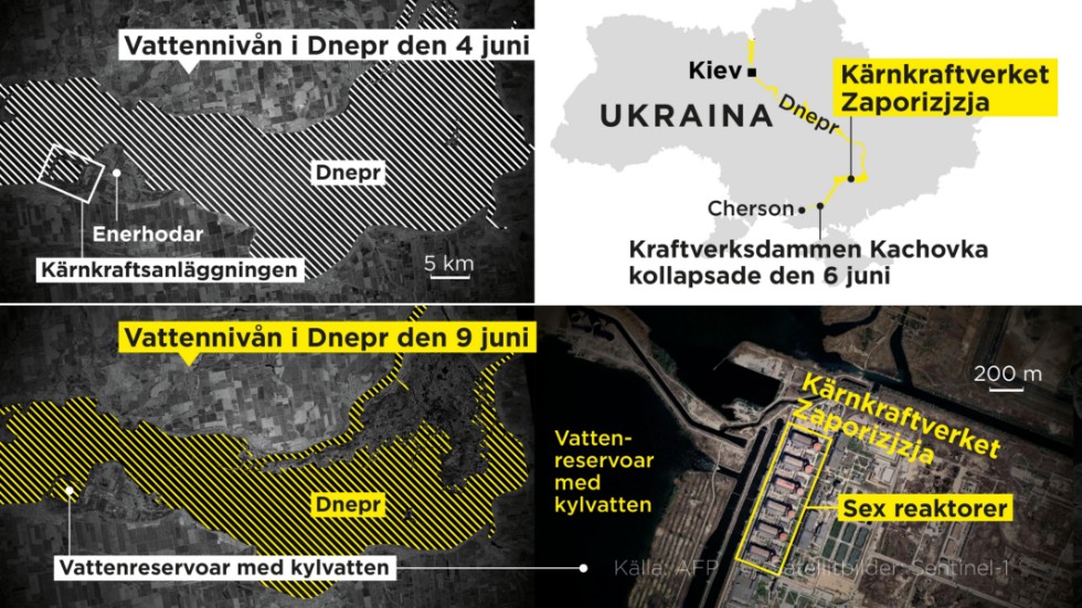 Skillnaderna i vattennivån i Dnepr – strax före och strax efter dammkollapsen den 6 juni.