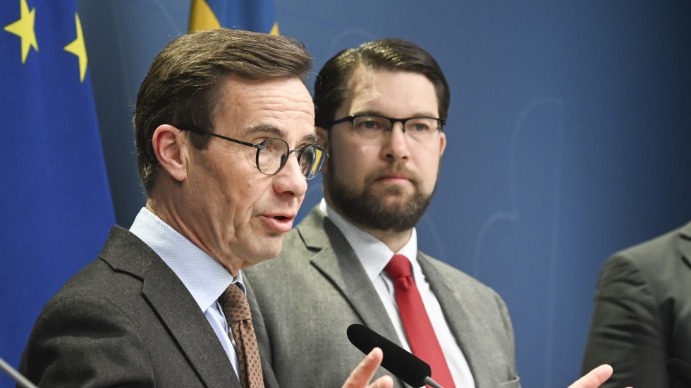 Statsminister Ulf Kristersson (M) och Sverigedemokraternas partiledare Jimmie Åkesson (SD) under en pressträff om Tidöavtalet i vintras.