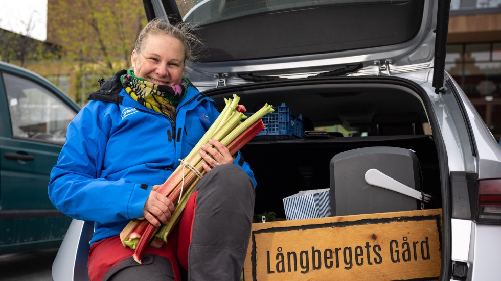 Jordbrukaren Stina Dahlquist från Långbergets gård säljer närproducerade varor via en rekoring på Stortorget i Östersund.
