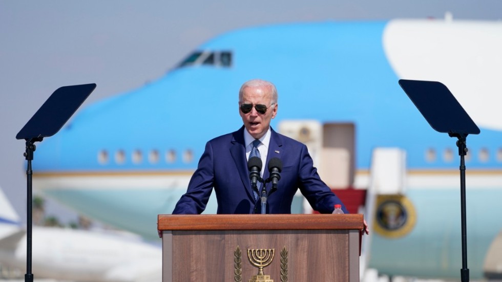 USA:s president Joe Biden vid en välkomstceremoni i Tel Aviv i onsdags, när hans Mellanösternresa inleddes.