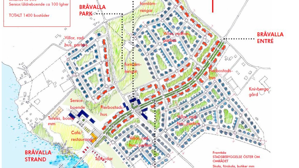 Totalt 1400 bostäder är planen för Bråvalla Strand. Men kommunen inleder inget arbete.