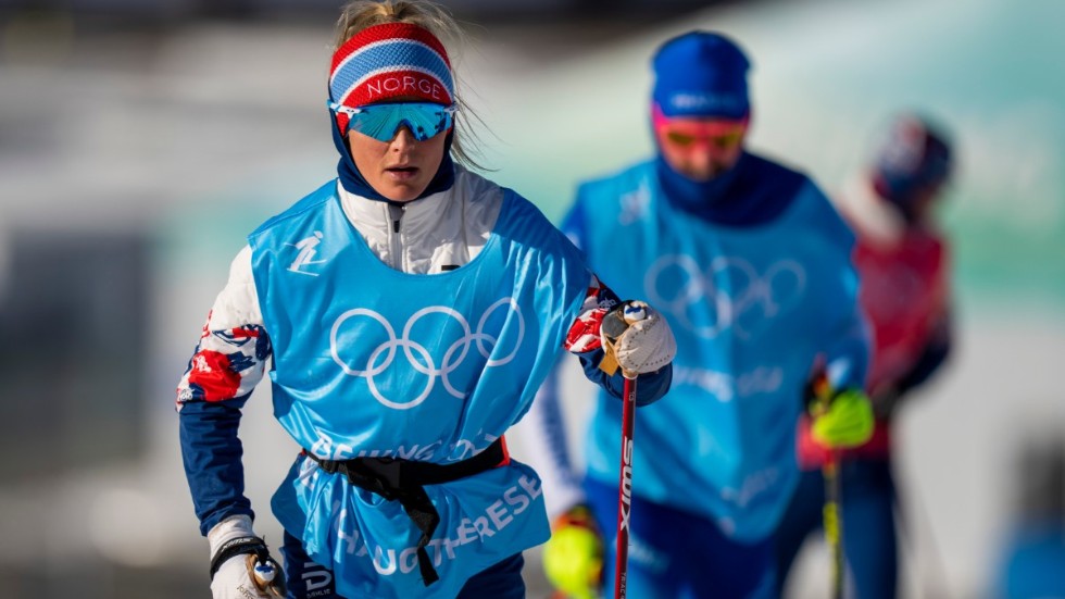 Therese Johaug under sitt första träningspass på OS-stadion i Zhangjiakou.