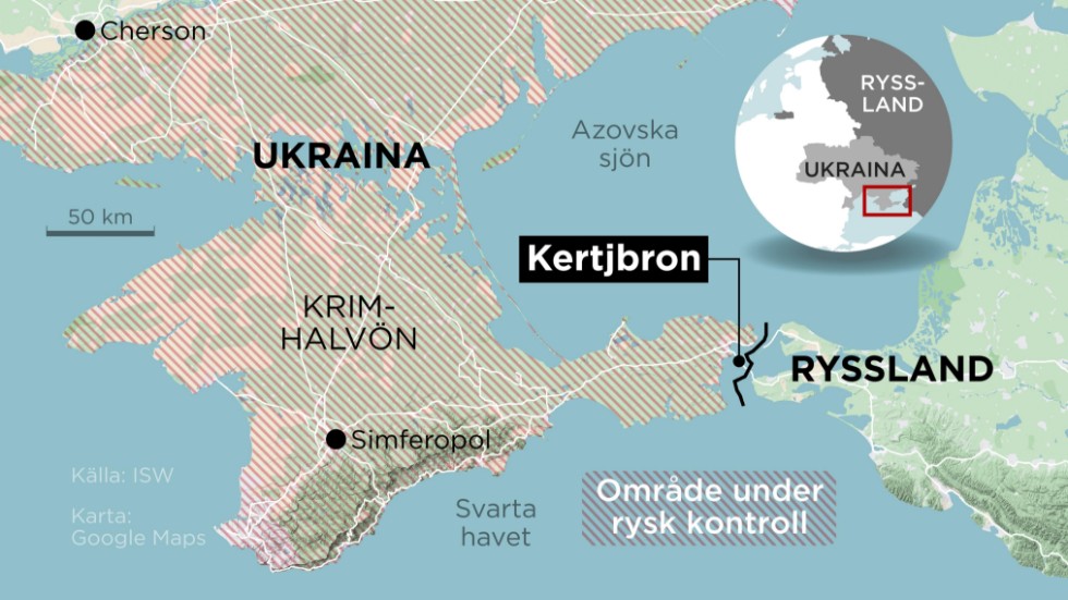 Kartan visar Kertjbron som sammanbinder Krimhalvön med Ryssland.