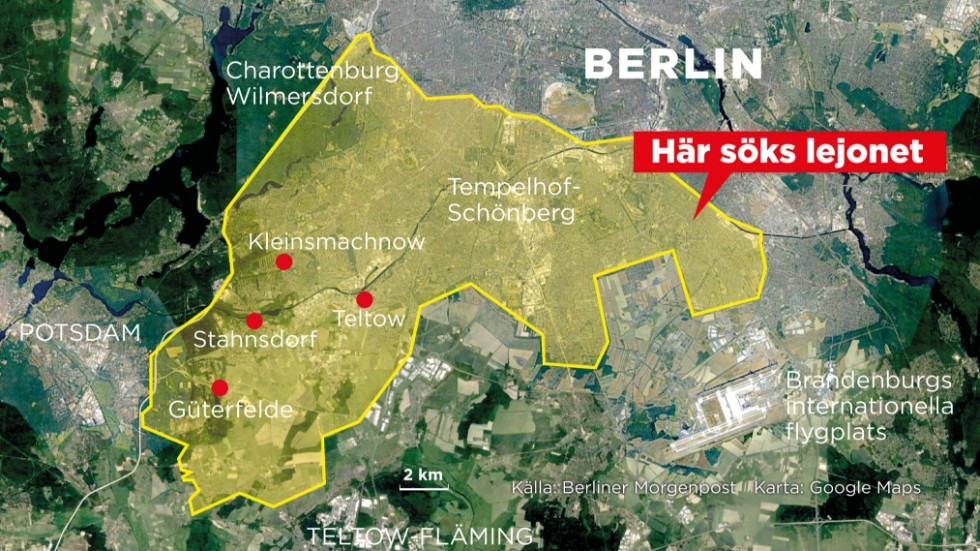 Sökandet koncentrerades till områden söder om Berlin.