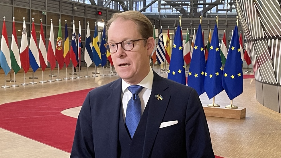 Utrikesminister Tobias Billström på väg in till måndagens EU-möte i Bryssel.