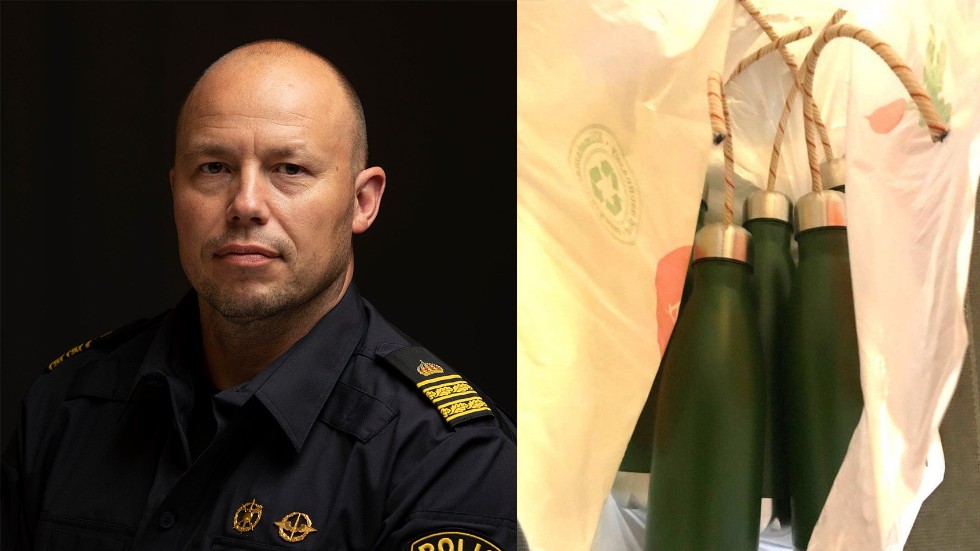 Jon Wåhlander, operativ chef för Nationella bombskyddet och beslagtagna termosbomber. Bild från polisens förundersökning.