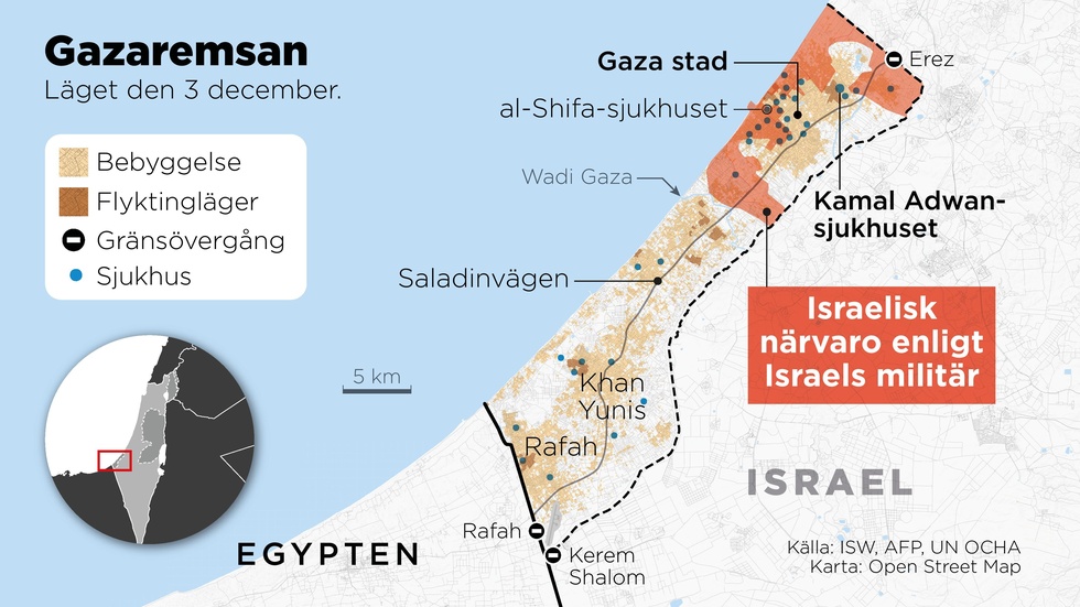 Kartan visar den omringning av Gaza stad som den israeliska militären påstår sig ha genomfört.