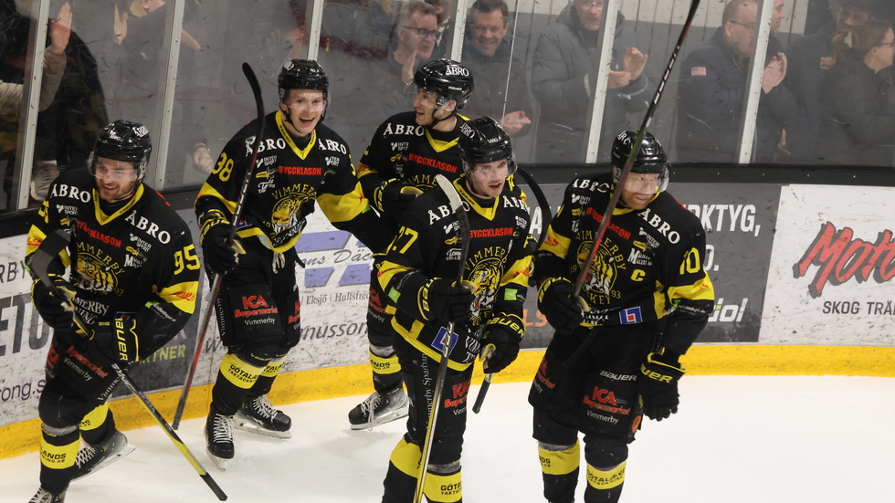 Vimmerby Hockey jublar efter 3-1-målet mot KRIF hemma som betyder att laget har tagit sig direkt till semifinal av Hockeyettans slutspel för första gången.
