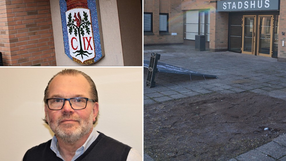 Stadsvapnet i mosaik finns inte längre kvar vid entrén. Konstverket "Lyftet" är också borta. "Den är på tillfällig förvaring", säger fastighetschefen Torbjörn Bergström.