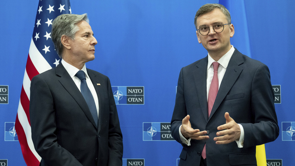USA:s utrikesminister Antony Blinken tillsammans med ukrainske kollegan Dmytro Kuleba vid onsdagens Natomöte i Bryssel.