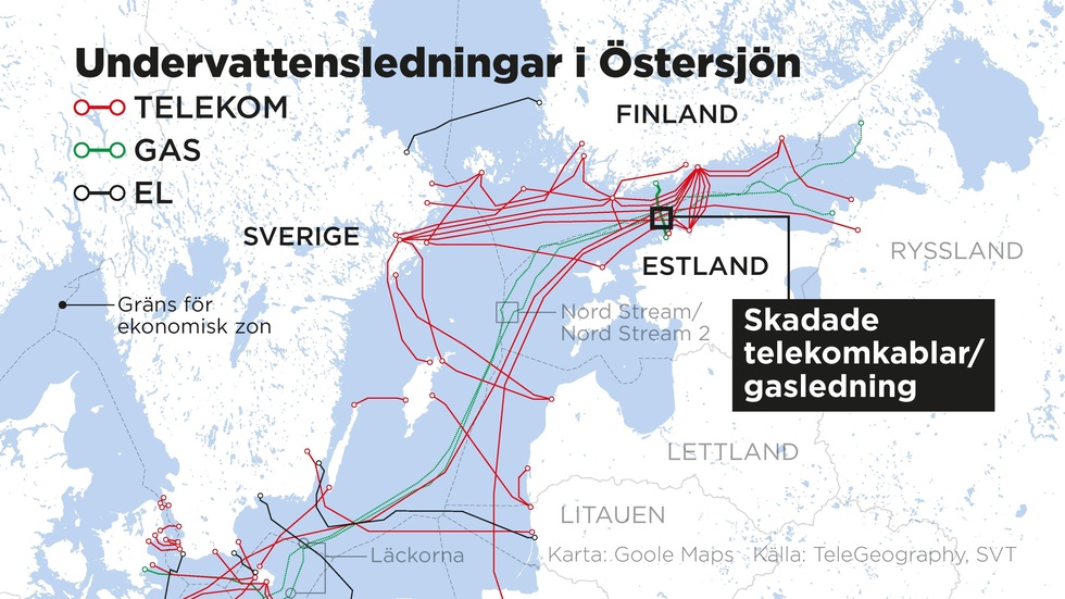 Den senaste upptäckta skadade telekommunikationsledningen går mellan Sverige och Estland.