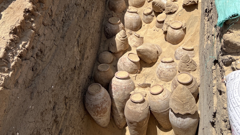 Några av de vinkrus som arkeologer har hittat i den egyptiska drottningen Meret-Neiths grav.