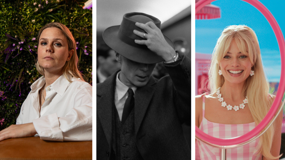 Tre ikoner från filmåret 2023: regissören Mika Gustafson från Linköping, Cillian Murphy i "Oppenheimer" och Margot Robbie i "Barbie".  