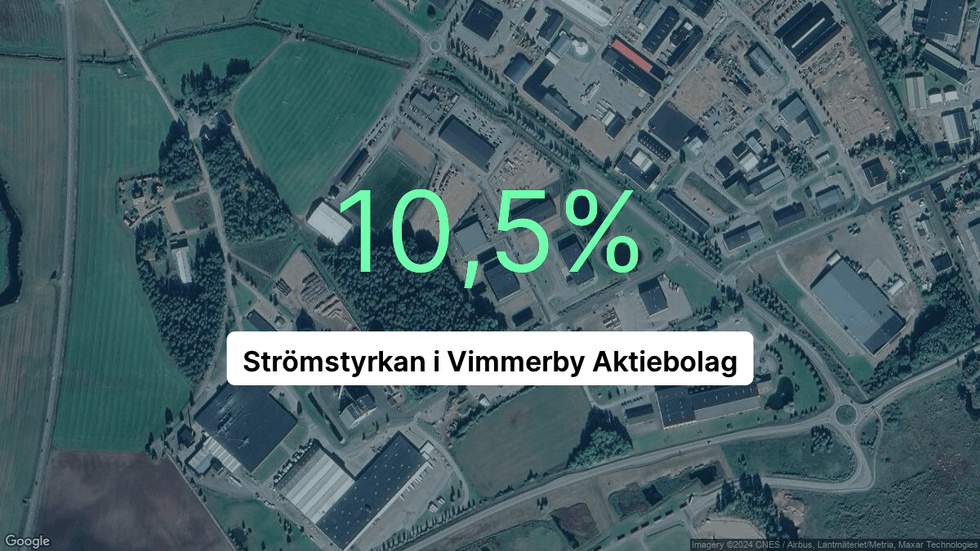 Illustrationen visar rörelsemarginalen för Strömstyrkan i Vimmerby för det senaste året. Bakgrunden är en satellitbild över företagets adress.
