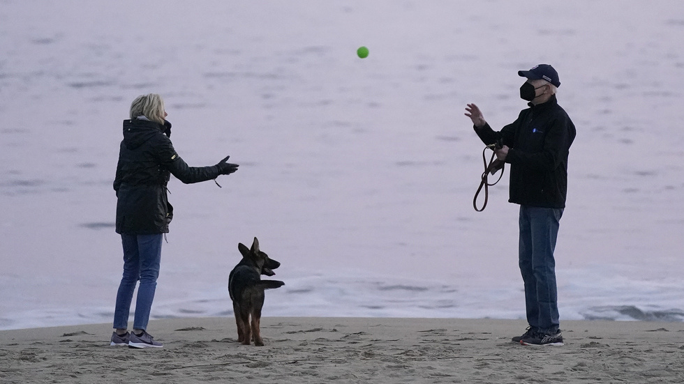 USA:s presidentpar Jill och Joe Biden promenerar med hunden Commander på Rehobothstranden i Delaware. Arkivbild.