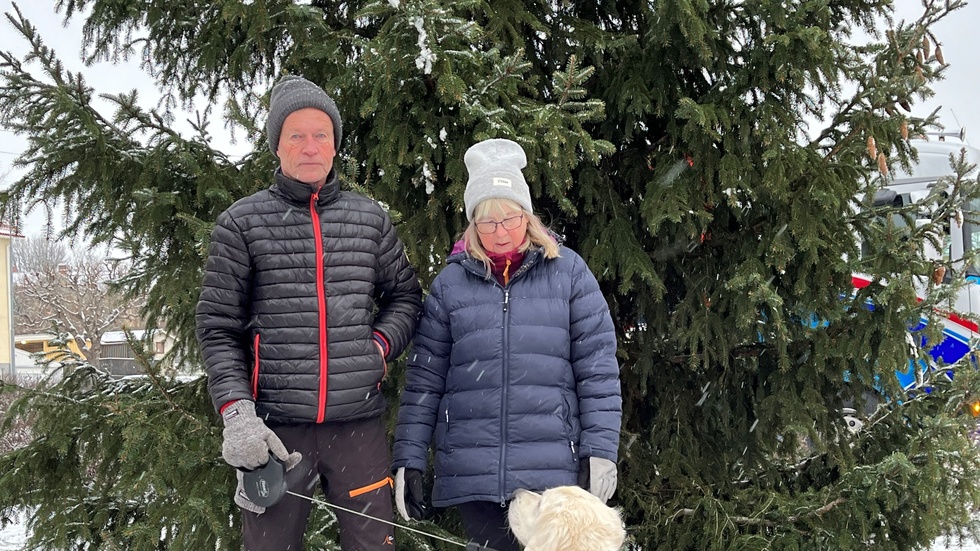 Mats och Lena Nilsson gick förbi med hunden Nisse. "Granen är jättefin! Mycket bättre än förra året", tyckte Mats. Nisse bekräftade med några instämmande skall.