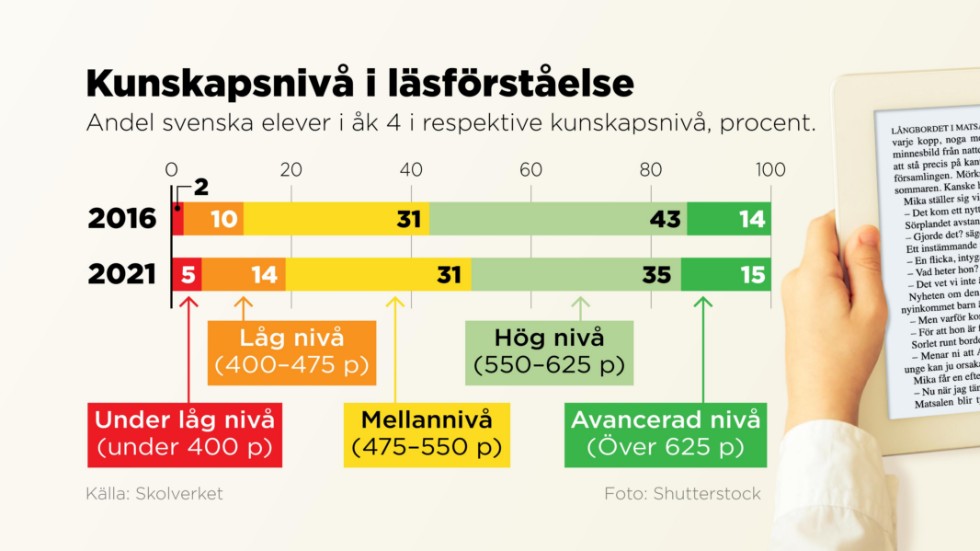Andel svenska elever i årskurs 4 i respektive kunskapsnivå i procent, enligt Pirls-mätningen.