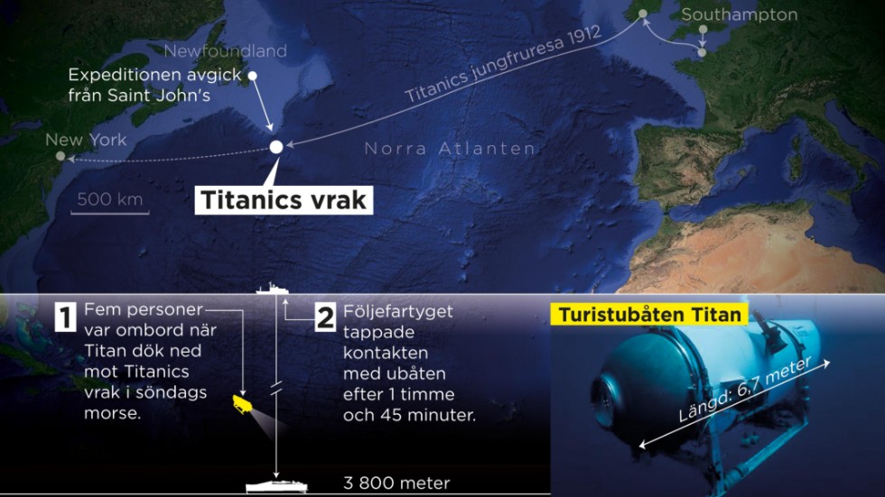 Turistubåten Titan försvann i söndags när den skulle dyka ned till Titanics vrak, som ligger på 3|800 meters djup utanför Newfoundland.