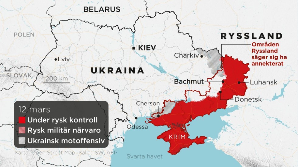 Områden under rysk kontroll, områden med rysk militär närvaro, ukrainska motoffensiver samt annekterade områden.