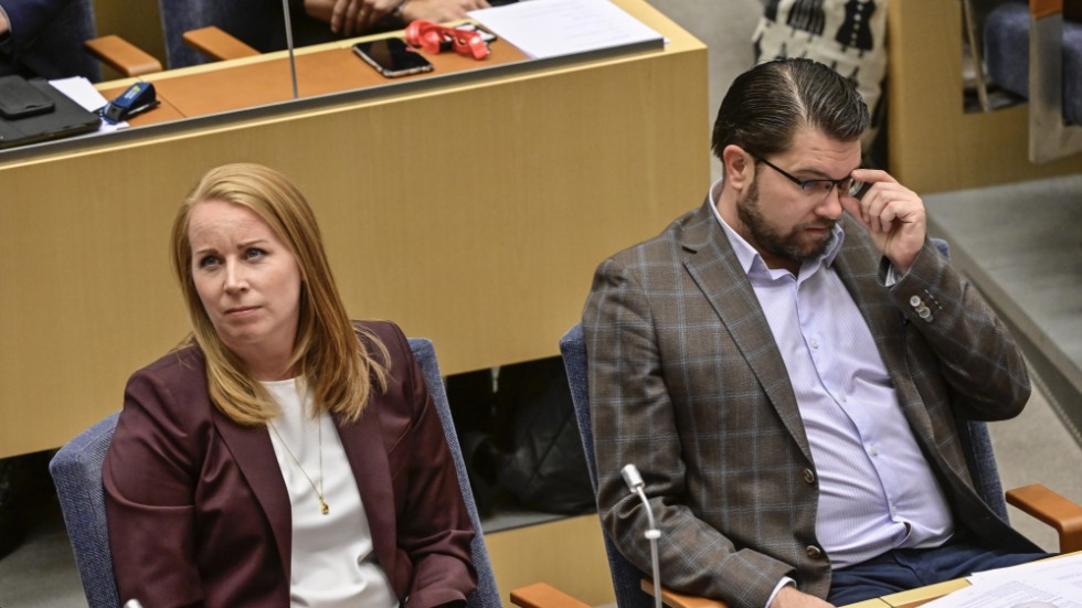 Centerpartiets partiledare Annie Lööf och Sverigedemokraternas partiledare Jimmie Åkesson inför uppropet av riksdagsledamöterna i riksdagen.