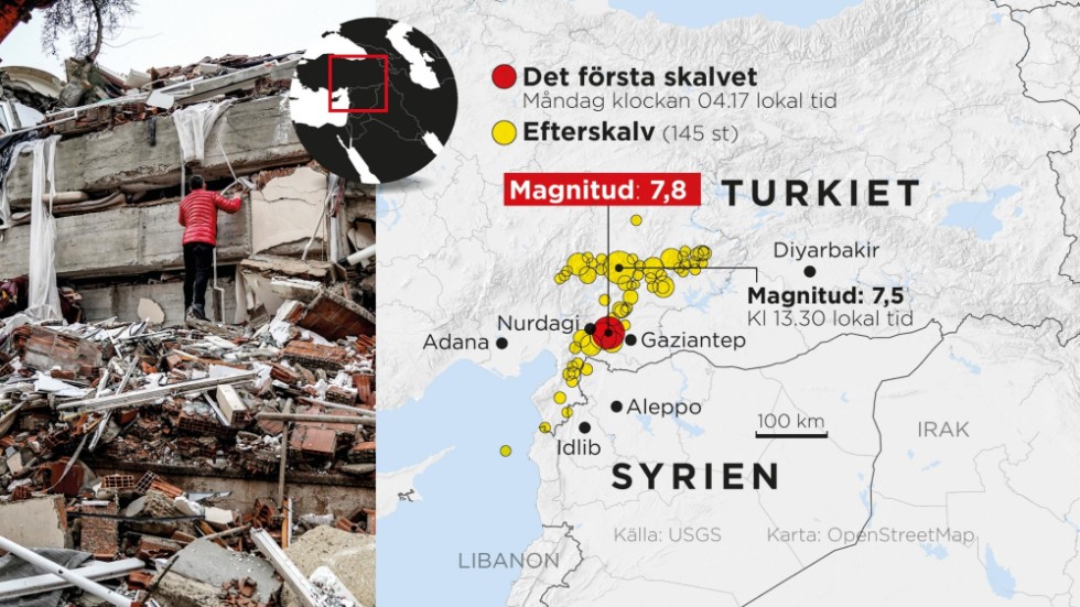 Det första skalvet inträffade klockan 4.17 lokal tid (2.17 svensk tid), natten mot måndagen, och hade en magnitud som av amerikanska USGS med flera uppmättes till 7,8.