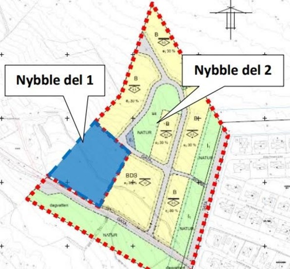 Detaljplanen för Nybble har delats upp i del 1 och del 2. Del 1, som avser det blå området där Aleris fått markansvining för ett nytt behandlingshem, är nu utställd för granskning.