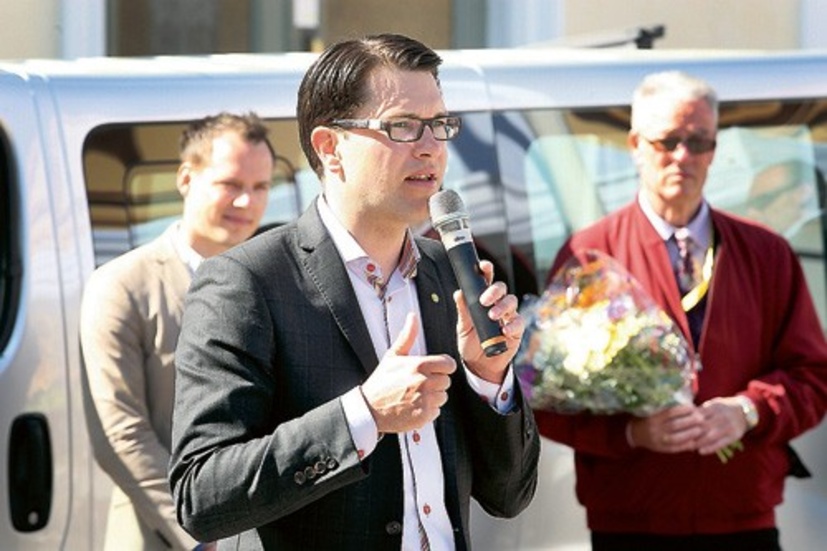 Jimmie Åkesson höll ett av sina tal inför EU-valet i Vimmerby i lördags. Åkesson vill öka kontrollen av landets gränser.