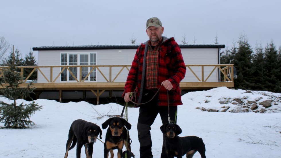 Förutom Rocky så har Kent Ström ytterligare två smålandsstövare som han jagar räv med. Rocky står till vänster, i mitten syns hunden Jansson och till höger syns Akira. 