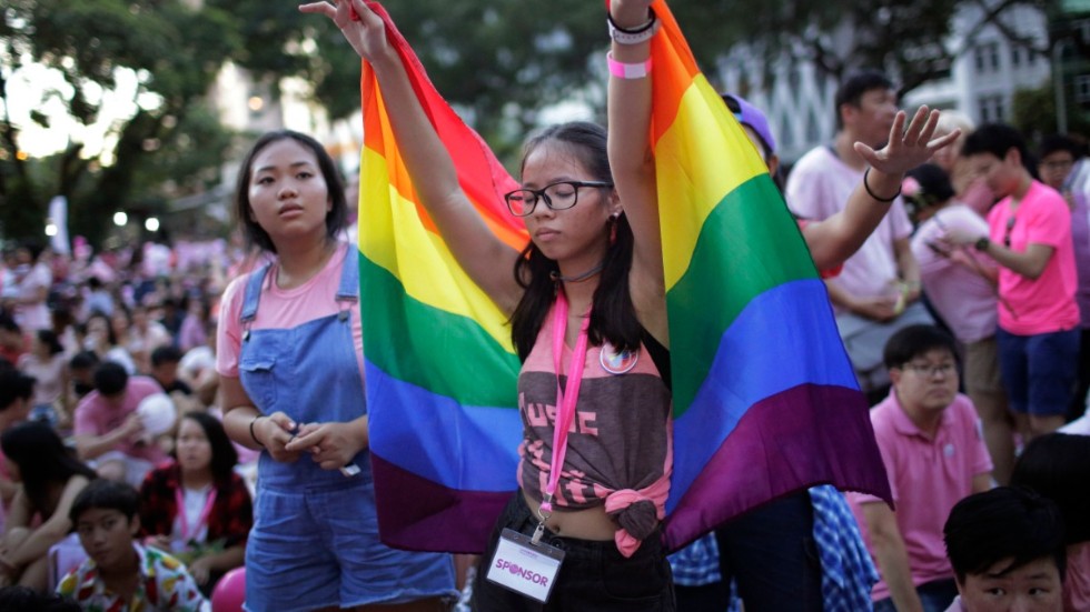 Bild från en protestmarsch för hbtq-rättigheter i Singapore 2017.