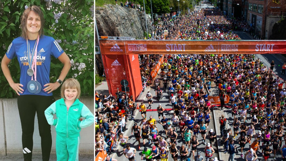 Annie Hermansson lyckades genomföra Stockholm Marathon på sitt första försök och togs emot av dottern Sanna Lundahl efter målgång.