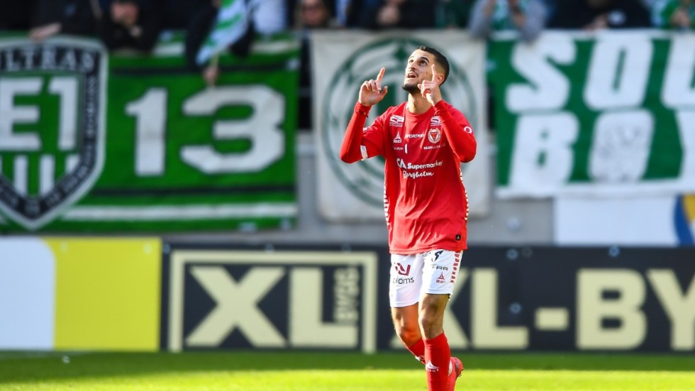 Kalmar FF:s Noah Shamoun jublar efter sitt första allsvenska mål.