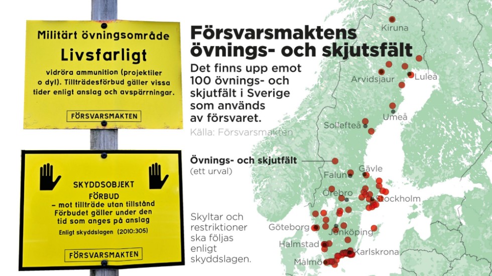 Det finns upp emot 100 övnings- och skjutfält i Sverige som används av försvaret.